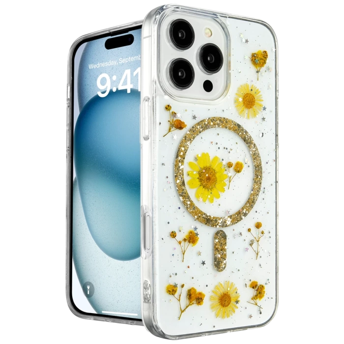 Newface iPhone 16 Pro Max Kılıf Daisy Simli Magsafe Kapak - Gold