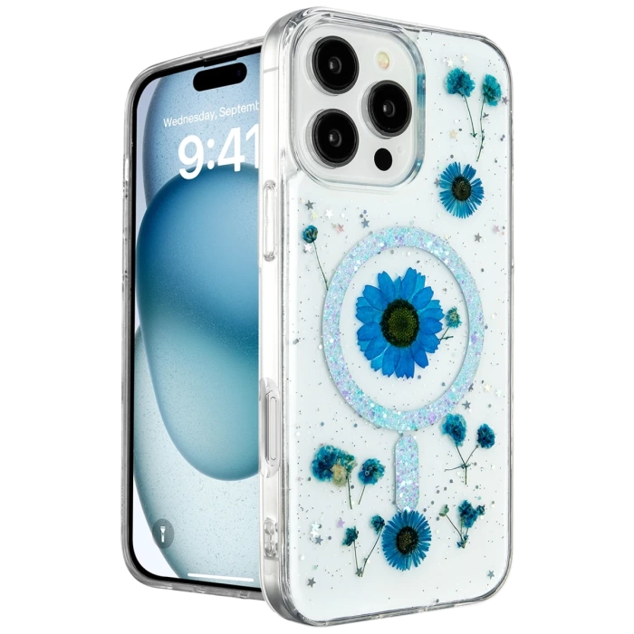 Newface iPhone 16 Pro Max Kılıf Daisy Simli Magsafe Kapak - Mavi