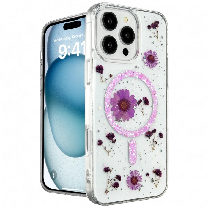 Newface iPhone 16 Pro Max Kılıf Daisy Simli Magsafe Kapak - Mor