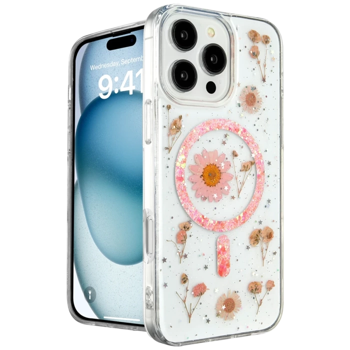 Newface iPhone 16 Pro Max Kılıf Daisy Simli Magsafe Kapak - Pembe