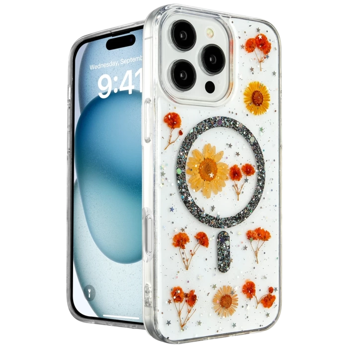 Newface iPhone 16 Pro Max Kılıf Daisy Simli Magsafe Kapak - Siyah