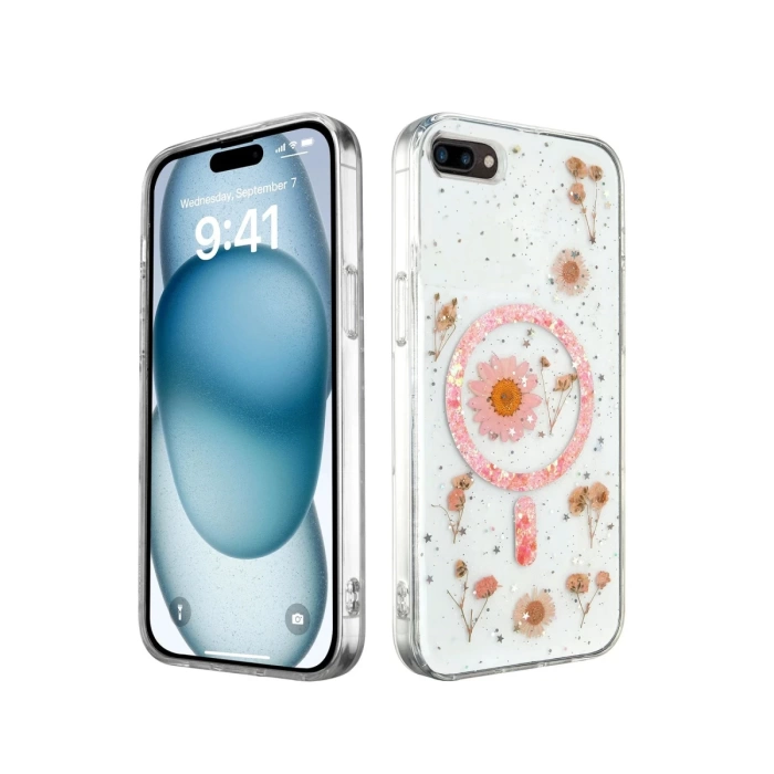 Newface iPhone 7 Kılıf Daisy Simli Magsafe Kapak - Pembe