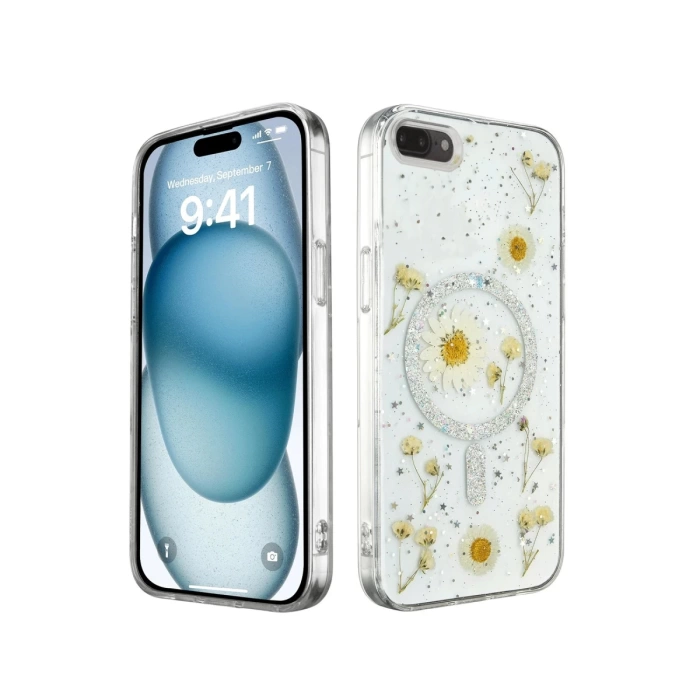 Newface iPhone 7 Plus Kılıf Daisy Simli Magsafe Kapak - Gümüş