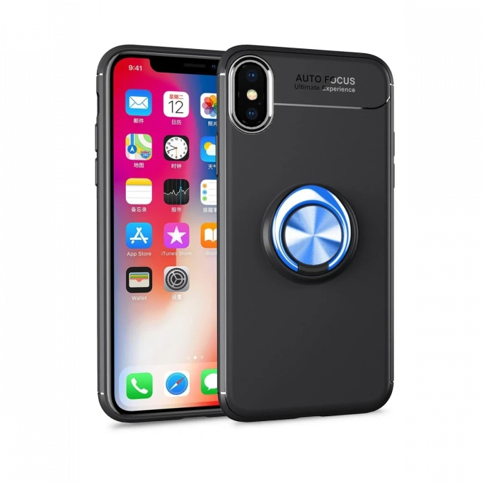 Newface iPhone XS Max Kılıf Range Yüzüklü Silikon - Siyah-Mavi