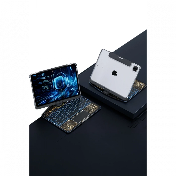 JP12.9 iPad Pro 12.9 (2022) Kılıf Vales Dönen Ledli Klavyeli Tablet Kılıfı - Siyah