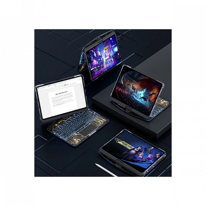 JP12.9 iPad Pro 12.9 (2022) Kılıf Vales Dönen Ledli Klavyeli Tablet Kılıfı - Siyah