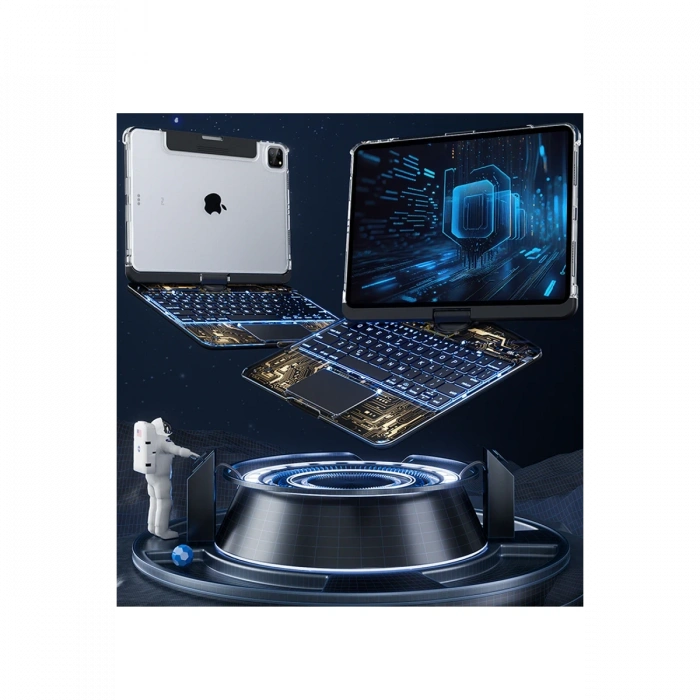 JP12.9 iPad Pro 12.9 (2022) Kılıf Vales Dönen Ledli Klavyeli Tablet Kılıfı - Siyah