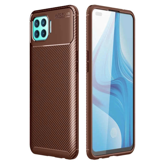 Newface Oppo Reno 4 Lite Kılıf Auto Focus Karbon Kapak - Kahverengi