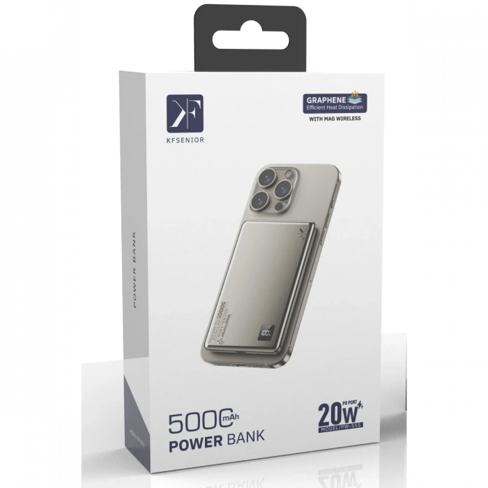 PW555 5.000 mAh Dijital Göstergeli 18W Type-C ve 15W Kablosuz Şarj PD Hızlı Şarj Magsafe Powerbank - Titanyum