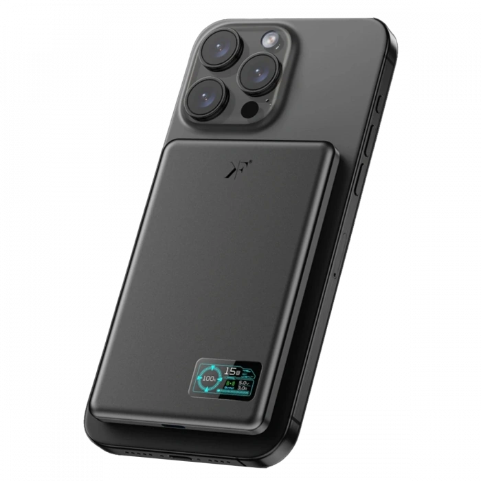 PW595 5.000 mAh Dijital Göstergeli 20W Type-C ve 15W Kablosuz Şarj PD Hızlı Şarj Magsafe Powerbank - Siyah