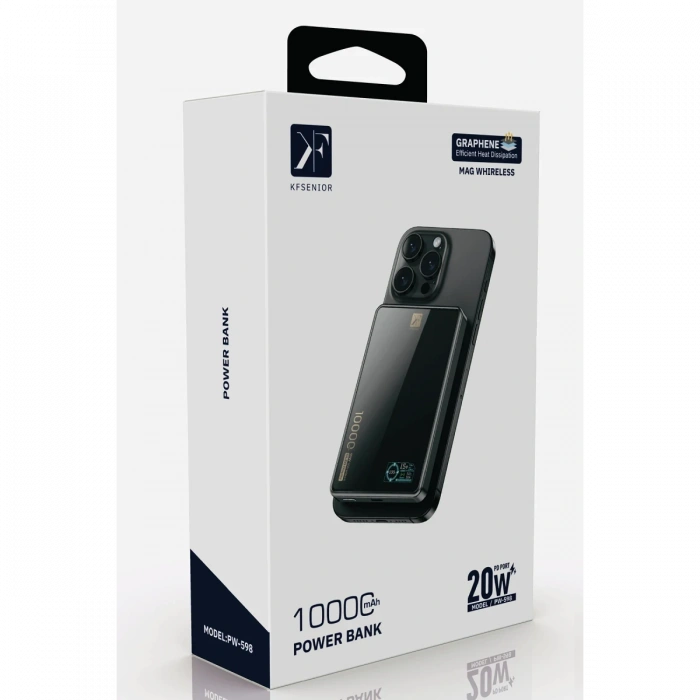 PW598 10.000 mAh Dijital Göstergeli 20W Type-C ve 15W Kablosuz Şarj PD Hızlı Şarj Magsafe Powerbank - Siyah