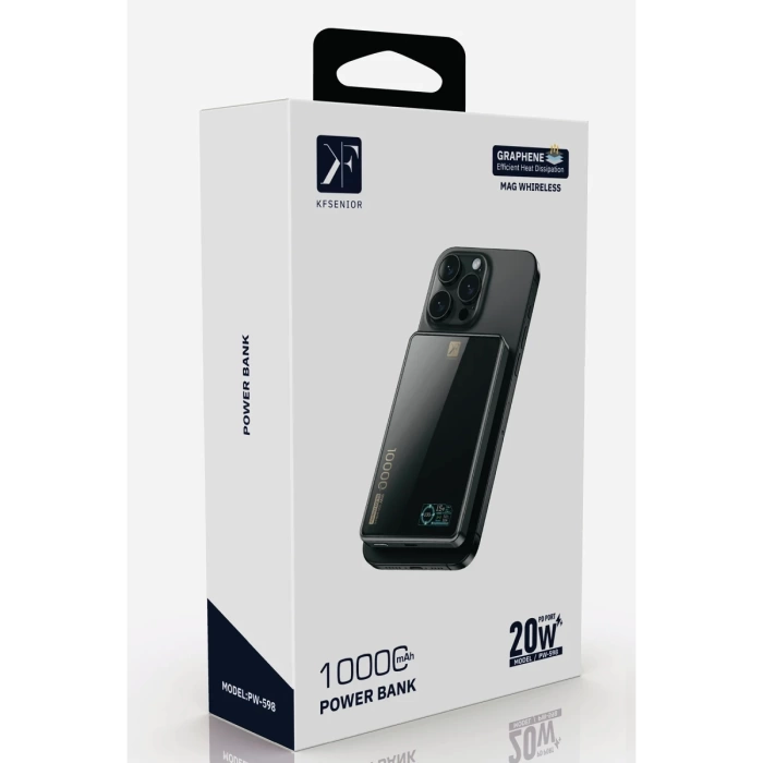 Newface PW598 10.000 mAh Dijital Göstergeli 20W Type-C ve 15W Kablosuz Şarj PD Hızlı Şarj Magsafe Powerbank - Siyah