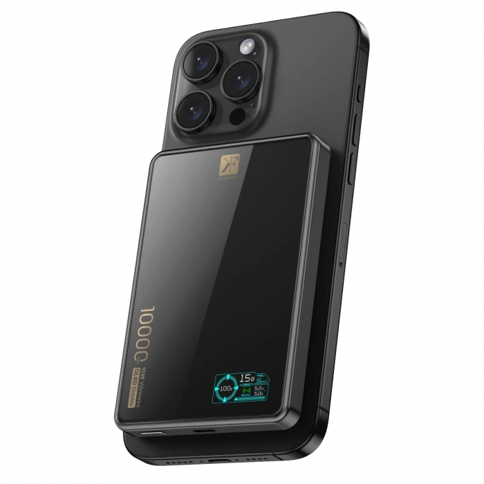 PW598 10.000 mAh Dijital Göstergeli 20W Type-C ve 15W Kablosuz Şarj PD Hızlı Şarj Magsafe Powerbank - Siyah