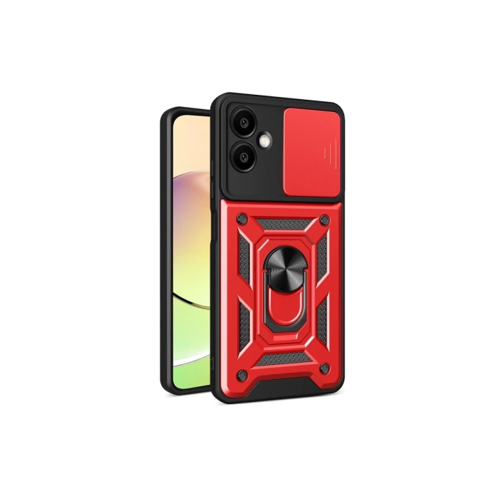 Newface Samsung Galaxy A06 Kılıf Pars Lens Yüzüklü Silikon - Kırmızı