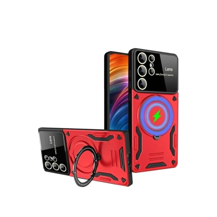 Newface Samsung Galaxy S24 Ultra Kılıf Joy Lens Standlı Kapak - Kırmızı