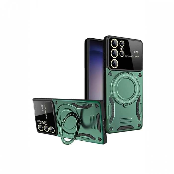 Newface Samsung Galaxy S24 Ultra Kılıf Joy Lens Standlı Kapak - Koyu Yeşil
