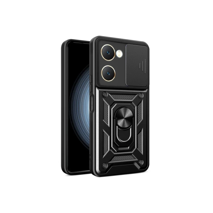 Newface Vivo Y18 Kılıf Pars Lens Yüzüklü Silikon - Siyah