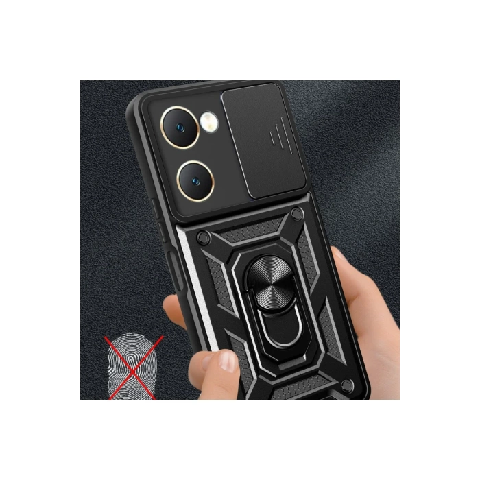Newface Vivo Y18 Kılıf Pars Lens Yüzüklü Silikon - Siyah