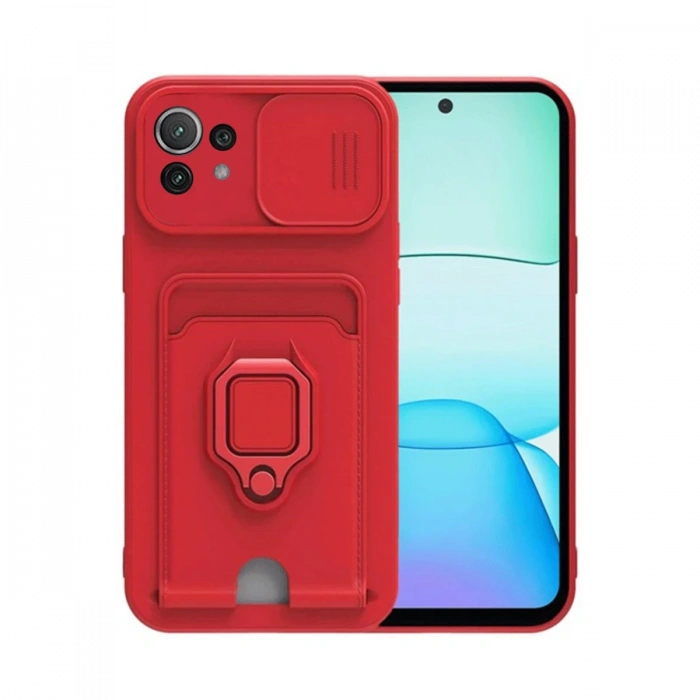Newface Xiaomi Mİ 11 Lite Kılıf Zuma Kartvizitli Yüzüklü Silikon - Kırmızı