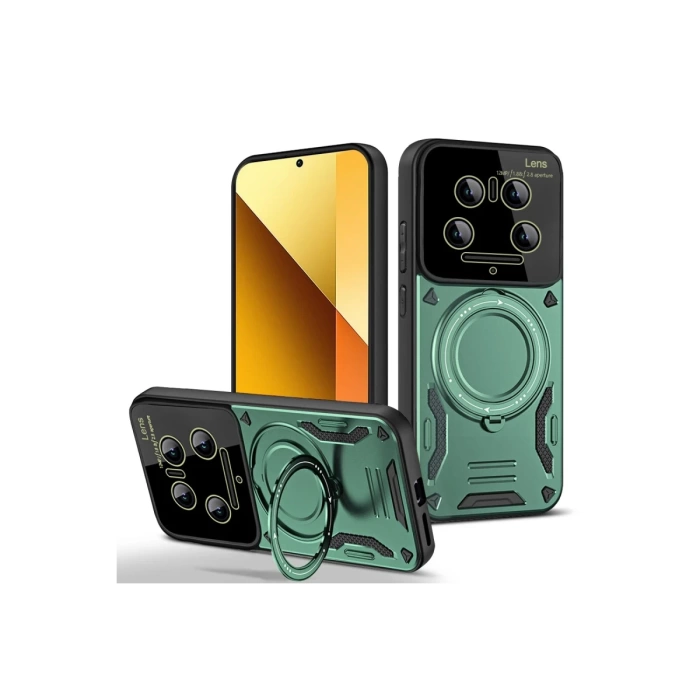Newface Xiaomi Mi 14 Ultra Kılıf Joy Lens Standlı Kapak - Koyu Yeşil