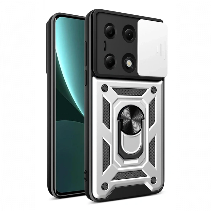 Newface Xiaomi Poco M6 Pro 4G Kılıf Pars Lens Yüzüklü Silikon - Gümüş