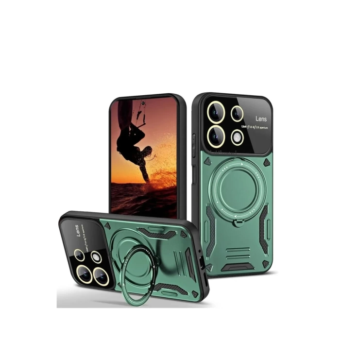Newface Xiaomi Redmi 13 4G Kılıf Joy Lens Standlı Kapak - Koyu Yeşil