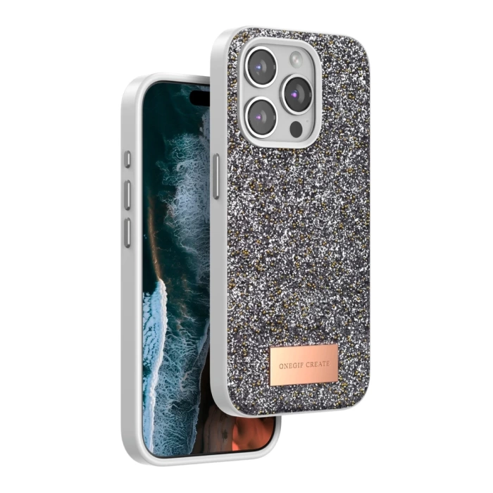 Onegif iPhone 15 Pro Max Bright Simli Kapak - Gümüş