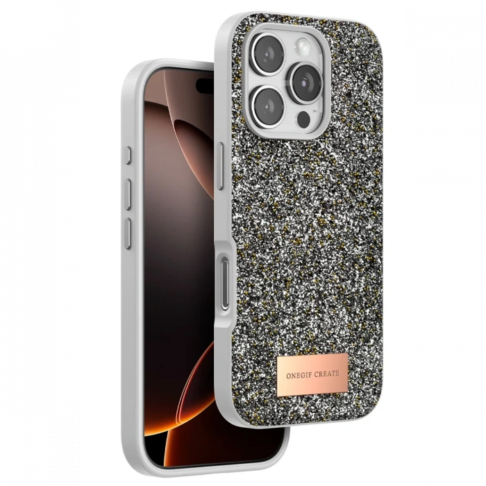 Onegif iPhone 16 Pro Bright Simli Kapak - Gümüş
