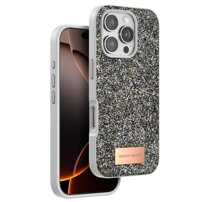 Onegif iPhone 16 Pro Max Bright Simli Kapak - Gümüş