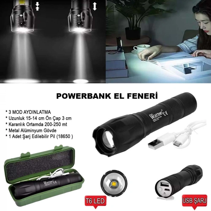 Powerbank Özellikli Uzun Menzilli El Feneri  Wt-039