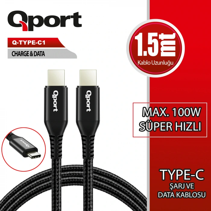 QPORT Q-TYPE-C1 1.5M TYPE-C 100W SUPER HIZLI PD SARJ VE DATA KABLOSU