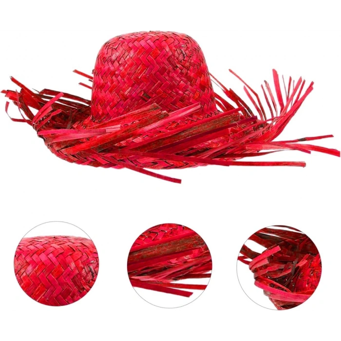 Tropikal Parti Kırmızı Hasır Hawaii Şapkası 13x36 Cm