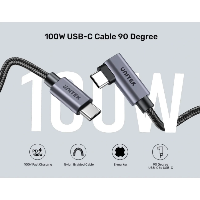 UNITEK TYPE-C HIZLI ŞARJ KABLOSU 90 DERECE 2 METRE 100W (C14123BK-2M)