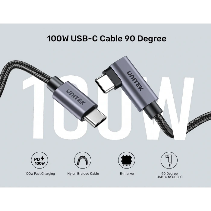 UNITEK TYPE-C HIZLI ŞARJ KABLOSU 90 DERECE 3 METRE 100W (C14123BK-3M)