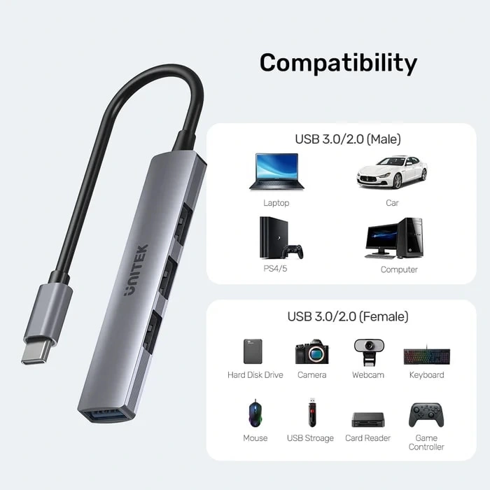 UNITEK TYPE-C TO 4 PORT USB HUB (USB3.0 + 3xUSB2.0) (H1208B)