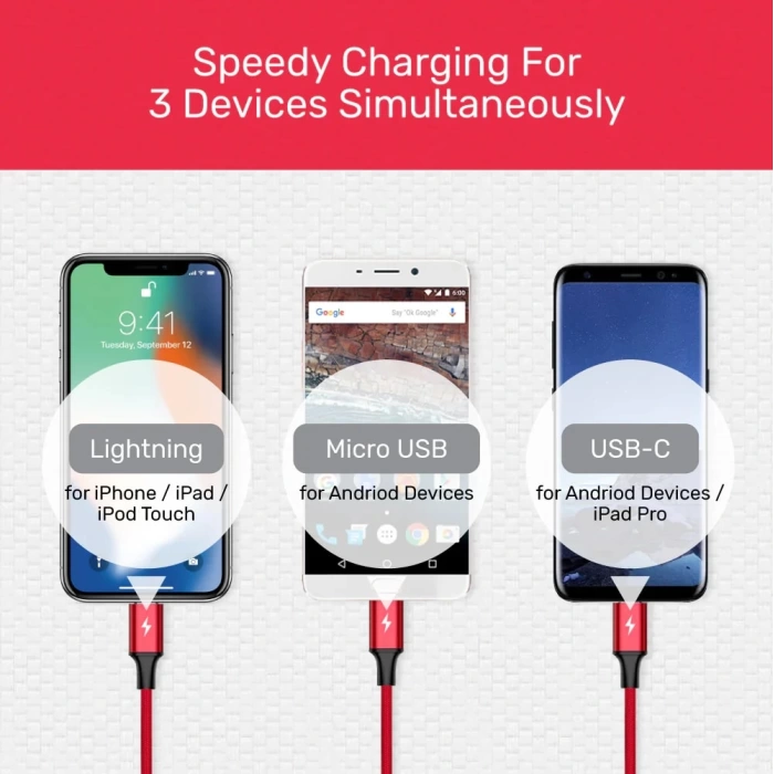 UNITEK USB-A 3in1 HIZLI ŞARJ KABLOSU 1.2MT 2.4A MICRO USB, TYPE-C, LIGHTNING (C14049BK)