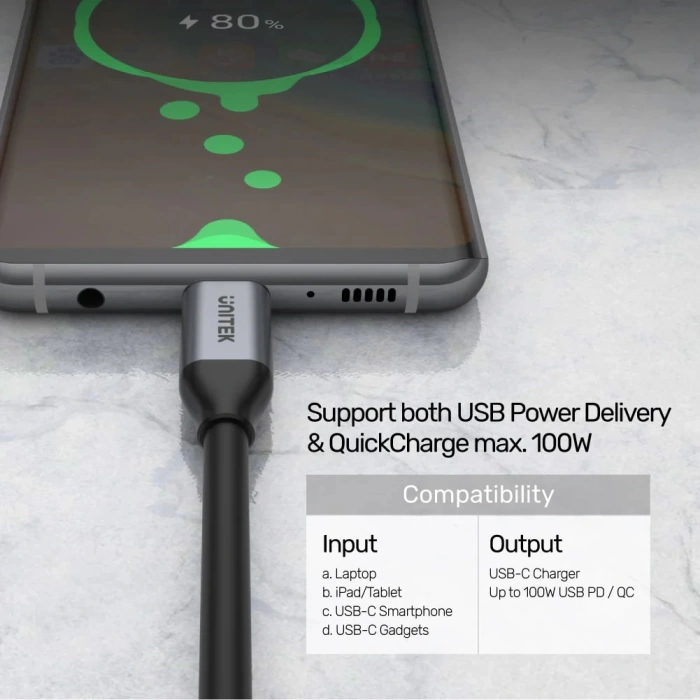 UNITEK USB-C 3.2 KABLO 1MT 10GBPS, 100W PD, 4K&amp;60Hz (C14082ABK)