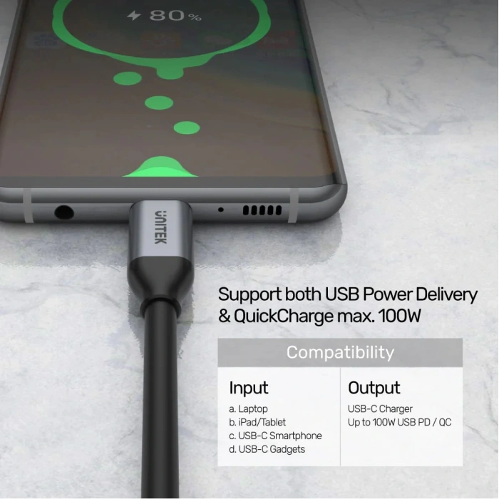 UNITEK USB-C 3.2 KABLO 2MT 5GBPS, 100W PD, 4K&amp;60Hz  (C14091ABK)
