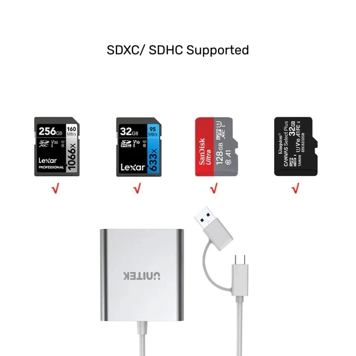 UNITEK USB-C/A TO HAFIZA KART OKUYUCU SD/CF/MICRO SD 5GBPS (Y-9313D)