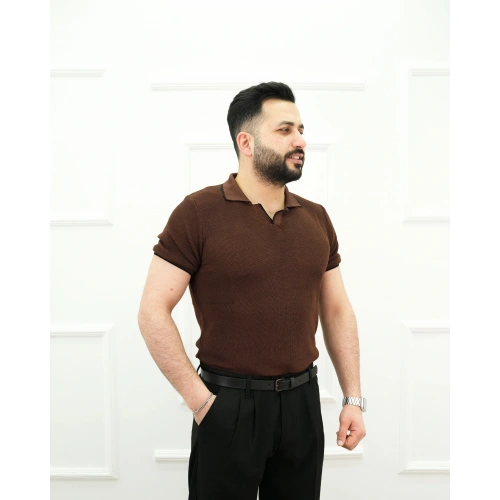 Apaş Yaka Triko Tişört Kahve