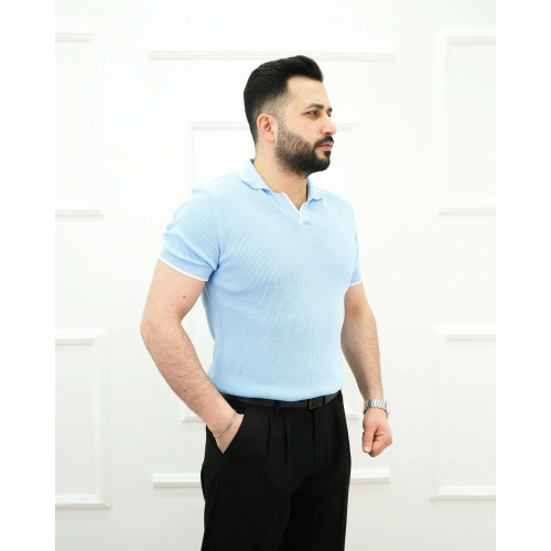 Apaş Yaka Triko Tişört Mavi