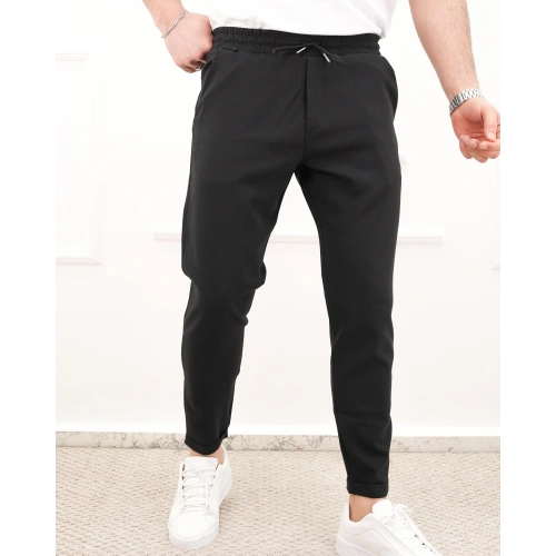 Bel Bağlamalı Duble Paça Pantolon Siyah