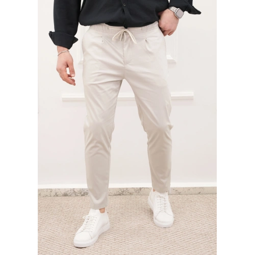 Beli İpli Pileli Pantolon Taş