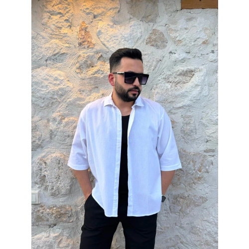 Fakir Kol Keten Gömlek Oversize Beyaz