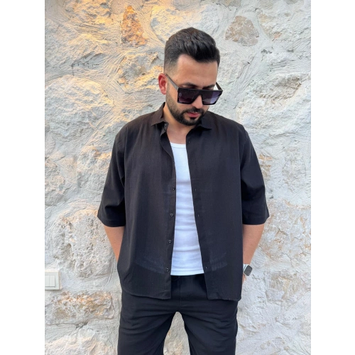 Fakir Kol Keten Gömlek Oversize Siyah