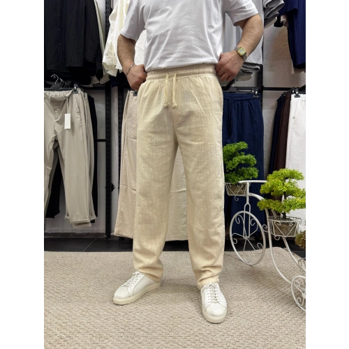 GG Nakışlı Keten Pantolon Krem