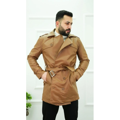 Göğüs Detaylı Deri Trençkot Taba - OTLT
