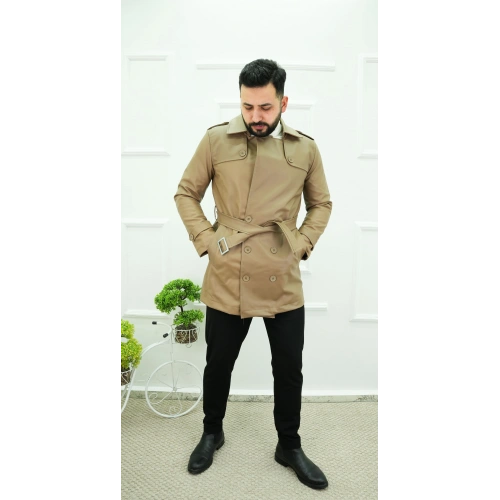 Göğüs Detaylı Deri Trençkot Vizon - OTLT