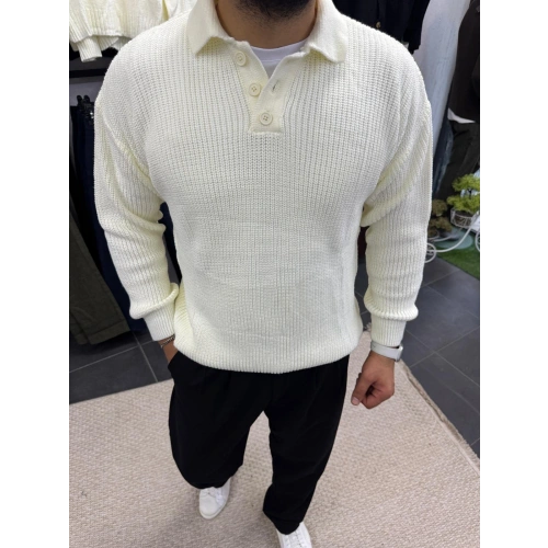 Düğmeli Triko Kırık Beyaz