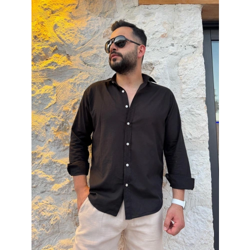 İnce Keten Gömlek Siyah-OTLT